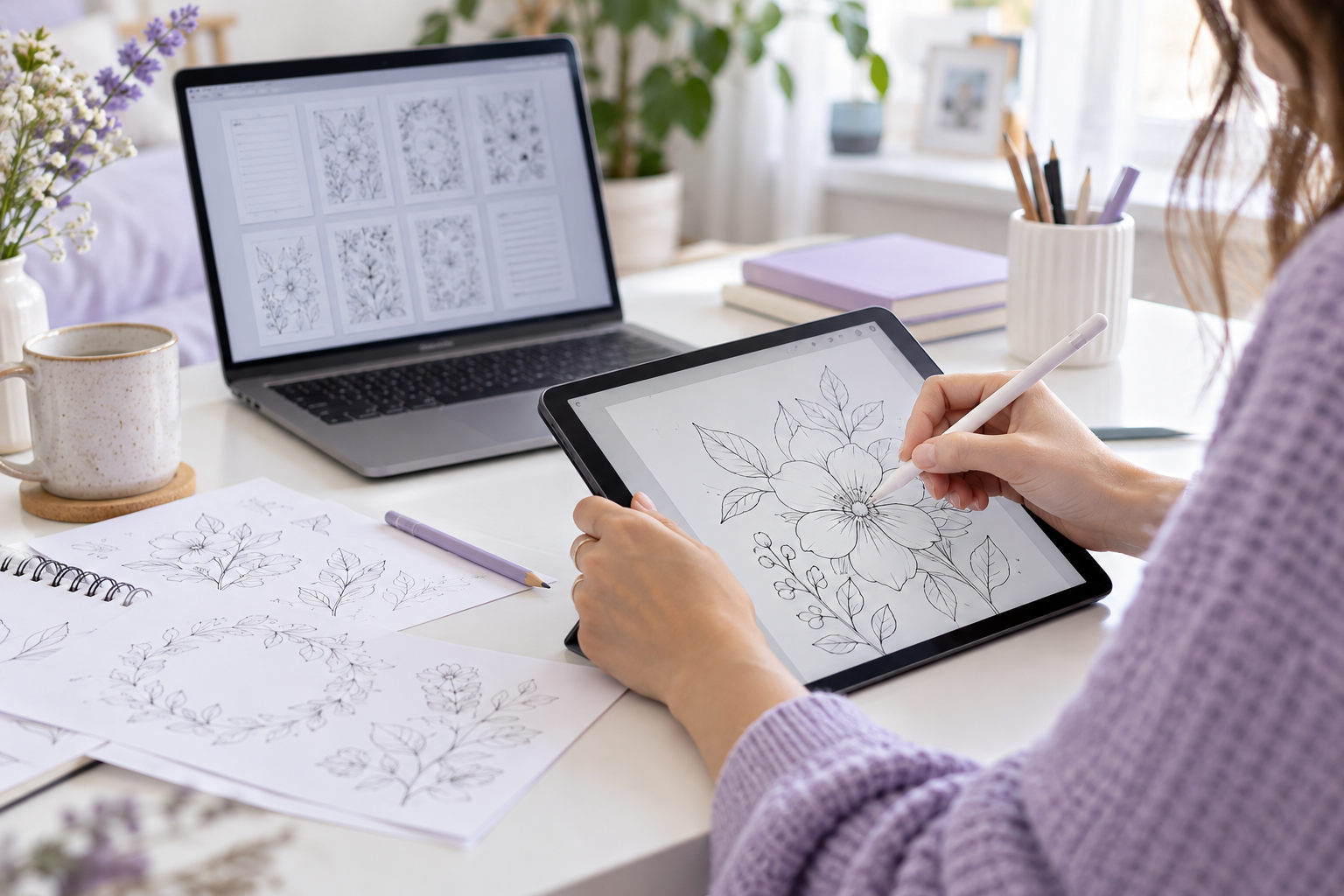 Ilustrație a procesului de creare a paginilor unei cărți pe tabletă și laptop